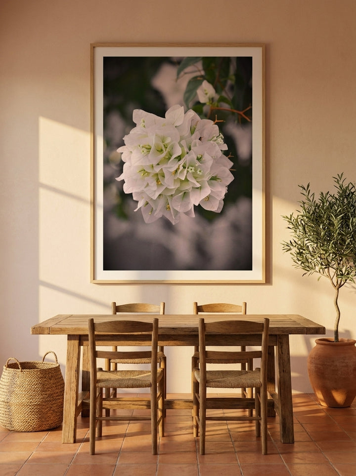 Oversized statement modern wall art print styled on the wall in a Mediterranean dining room