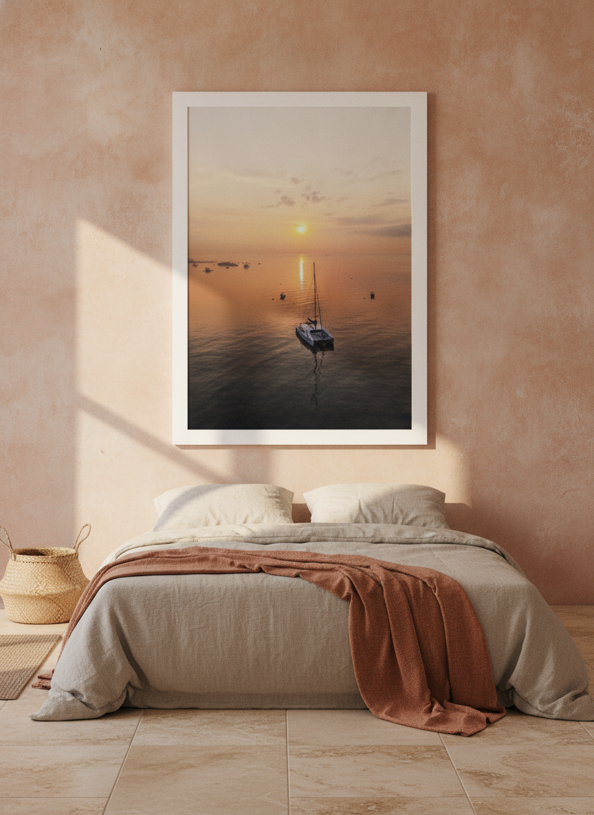 Modern wall art print styled on the wall in a Mediterranean bedroom