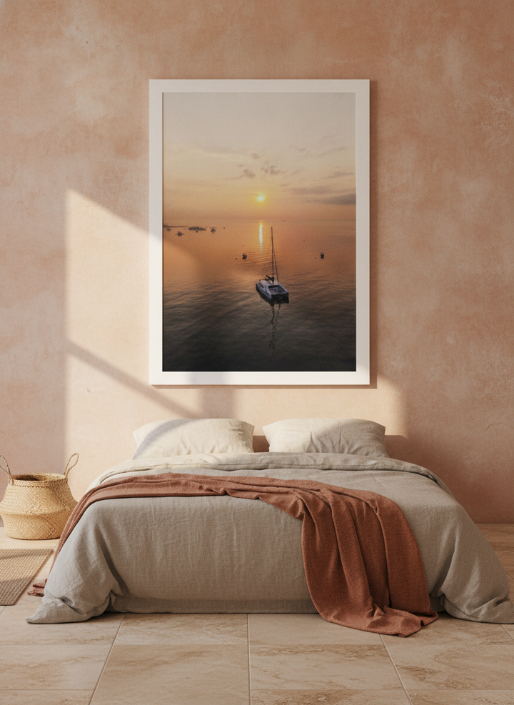 Modern wall art print styled on the wall in a Mediterranean bedroom