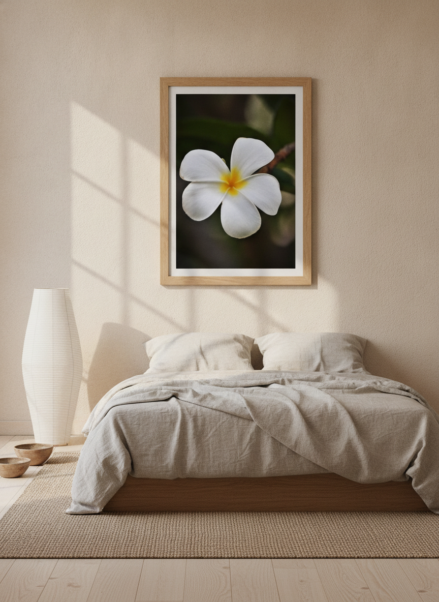 Modern wall art print styled on the wall in a warm Japandi bedroom