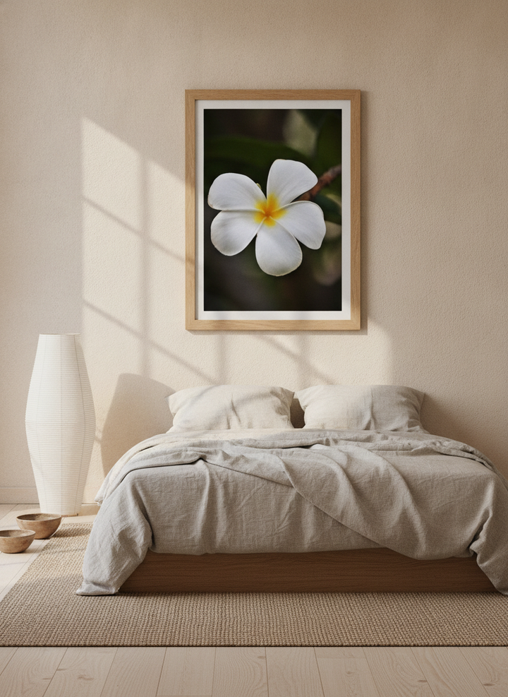 Modern wall art print styled on the wall in a warm Japandi bedroom