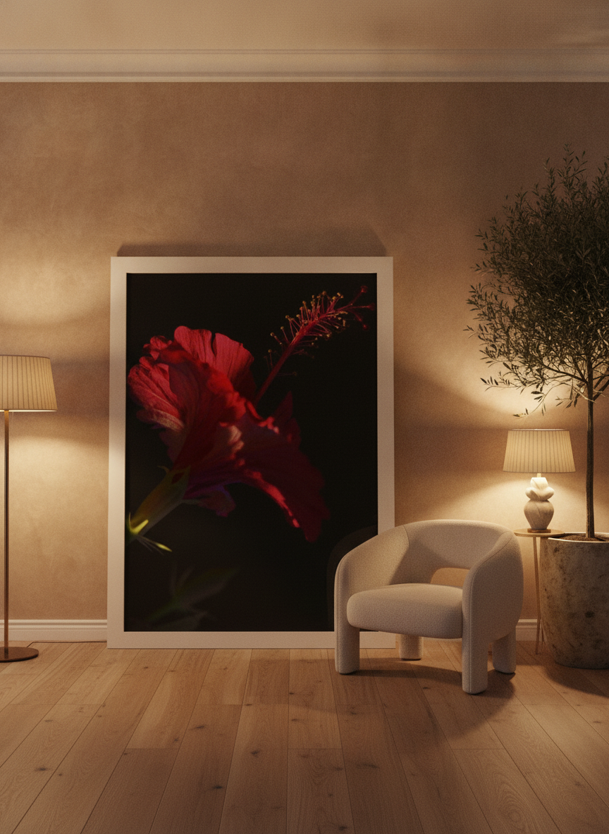 Oversized statement modern wall art print leaning against the wall in a luxe dining room