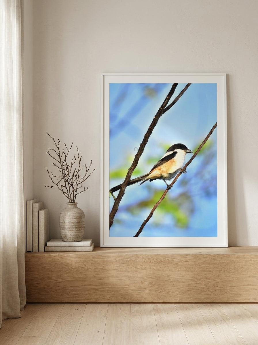Modern wall art print standing on a shelf in a warm Japandi home office