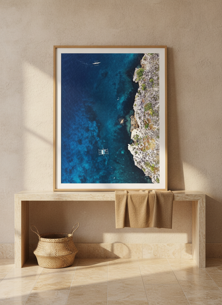 Modern wall art print standing on a console in a Mediterranean bedroom