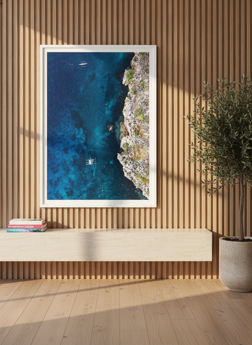 Modern wall art print styled on the wall in a luxe living room