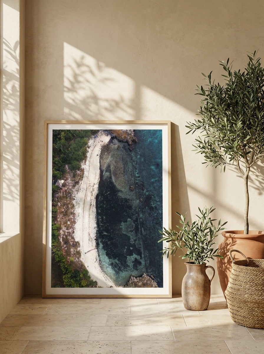 Modern wall art print leaning against the wall in a Mediterranean bathroom