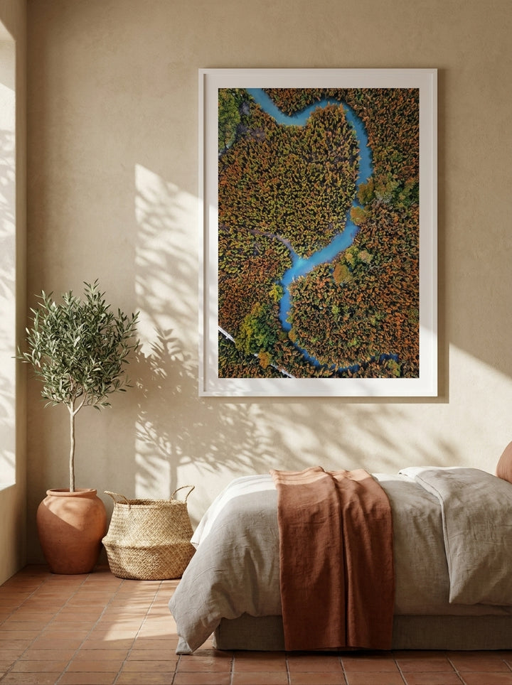 Modern wall art print styled on the wall in a Mediterranean bedroom
