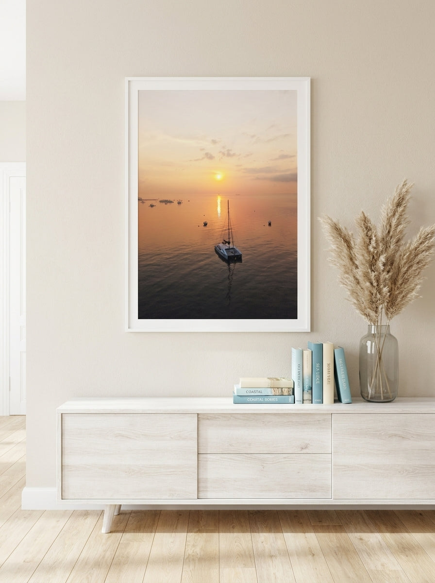 Modern wall art print styled on the wall in a coastal living room