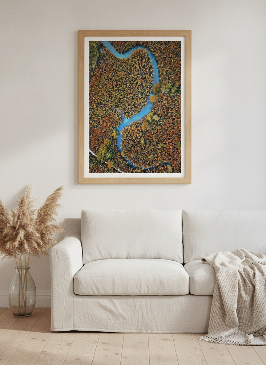 Modern wall art print styled on the wall in a coastal living room