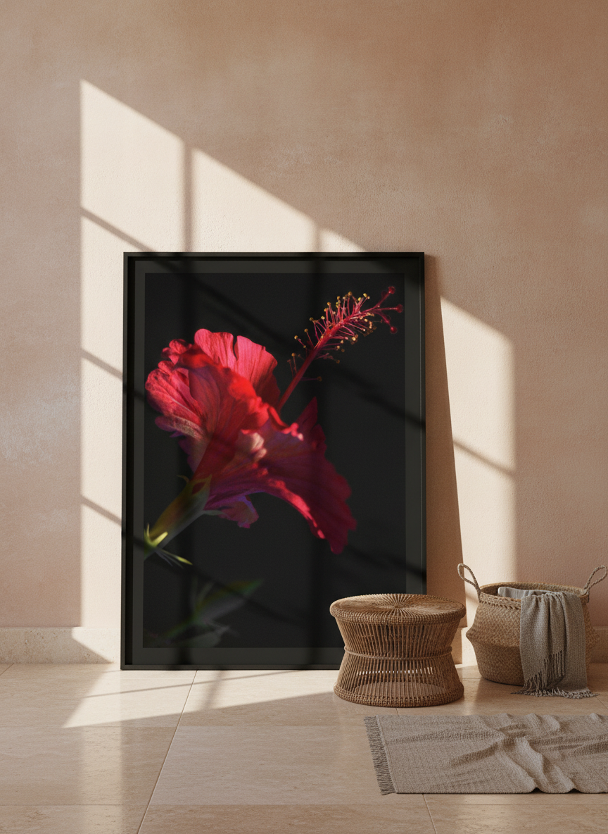 Oversized statement modern wall art print leaning against the wall in a Mediterranean living room