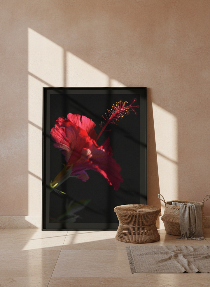 Oversized statement modern wall art print leaning against the wall in a Mediterranean living room