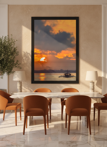 Oversized statement modern wall art print styled on the wall in a luxe dining room