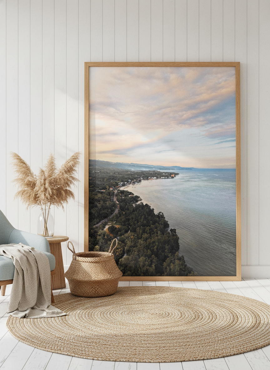 Oversized statement modern wall art print leaning against the wall in a coastal bedroom