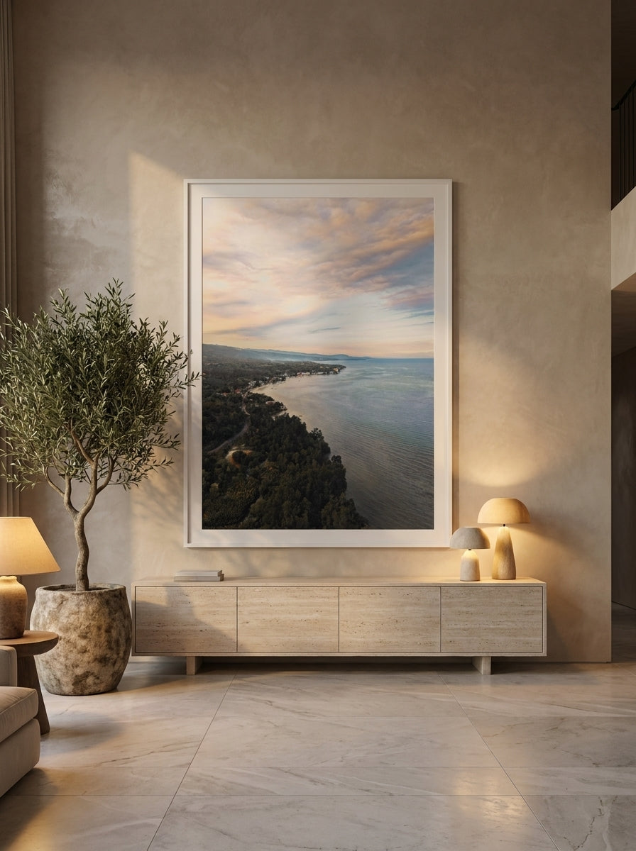 Oversized statement modern wall art print styled on the wall in a luxe living room