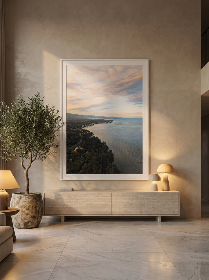 Oversized statement modern wall art print styled on the wall in a luxe living room