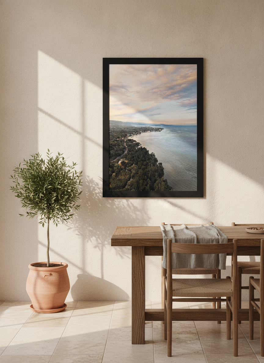 Modern wall art print styled on the wall in a Mediterranean dining room