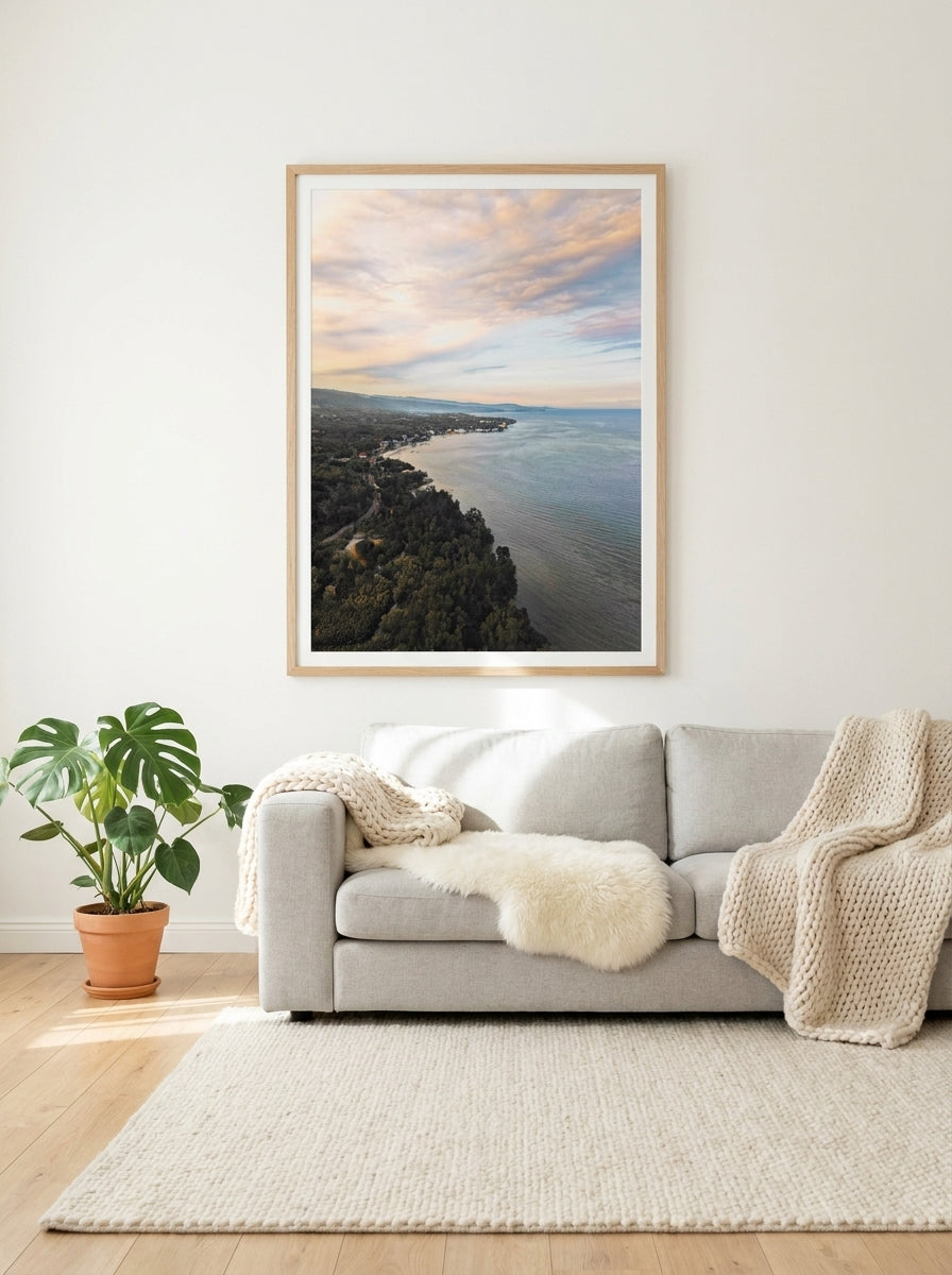 Modern wall art print styled on the wall in a bright Scandinavian living room