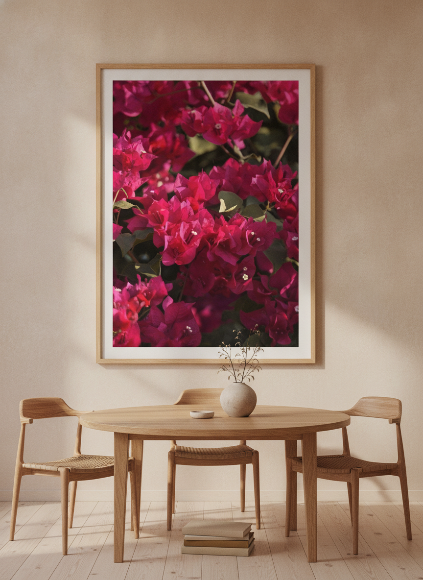 Oversized statement modern wall art print styled on the wall in a warm Japandi dining room