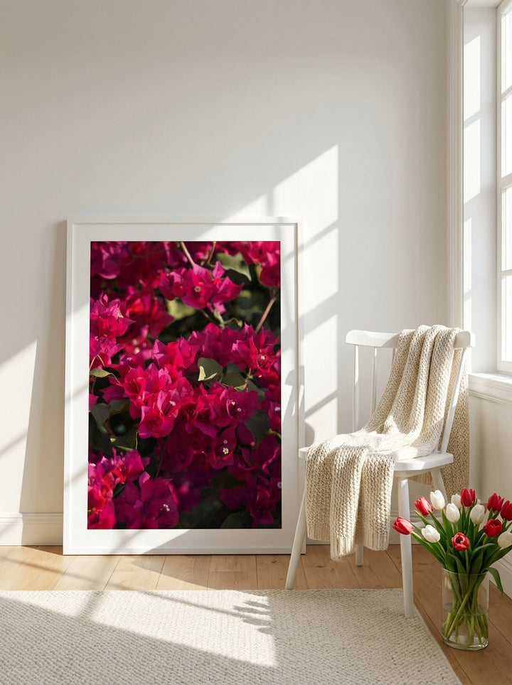 Modern wall art print leaning against the wall in a bright Scandinavian bathroom
