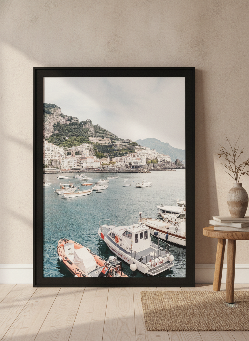 Oversized statement modern wall art print leaning against the wall in a warm Japandi living room