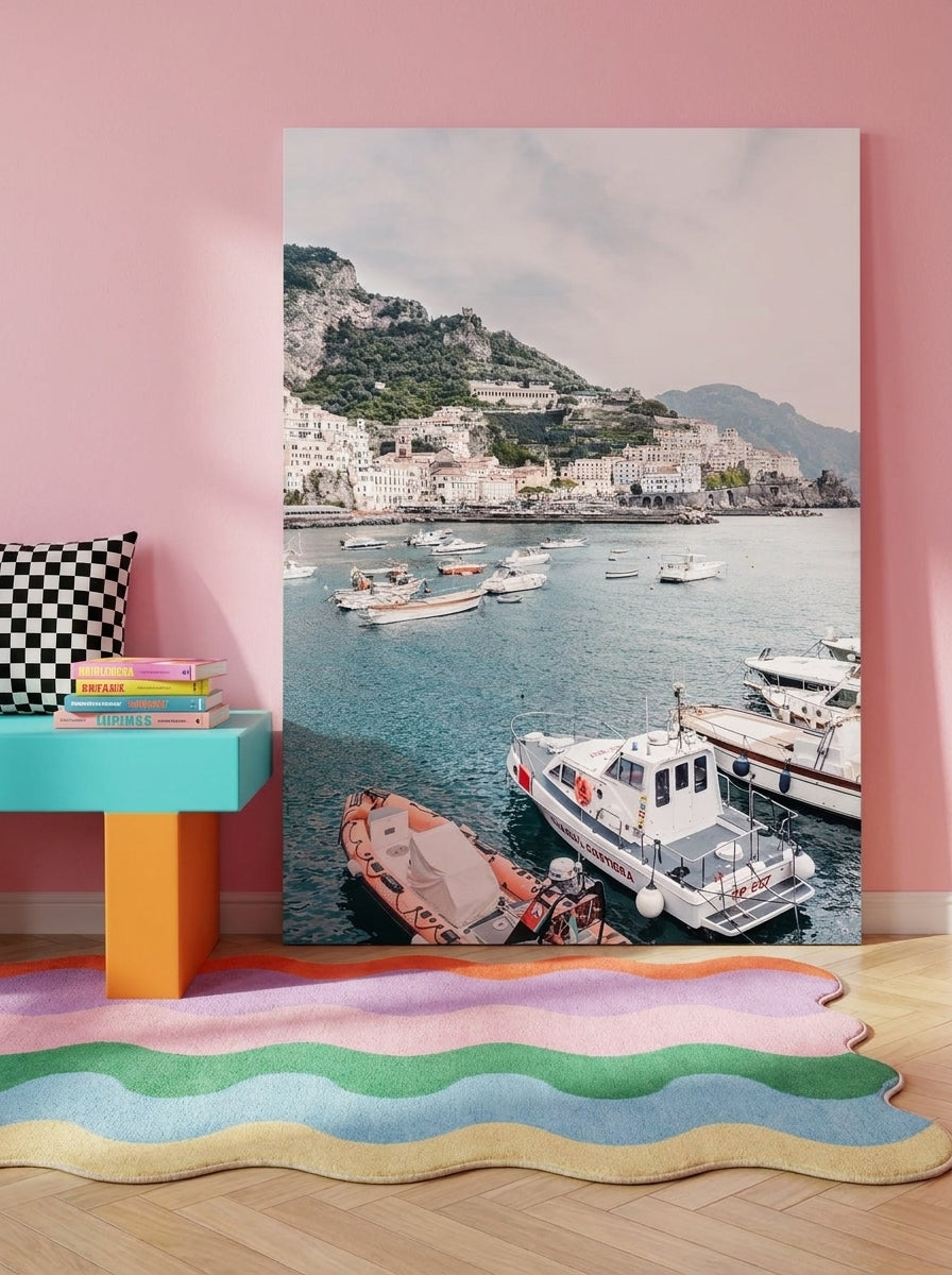 Stretched canvas wall art standing on a side table in a colourful eclectic living room