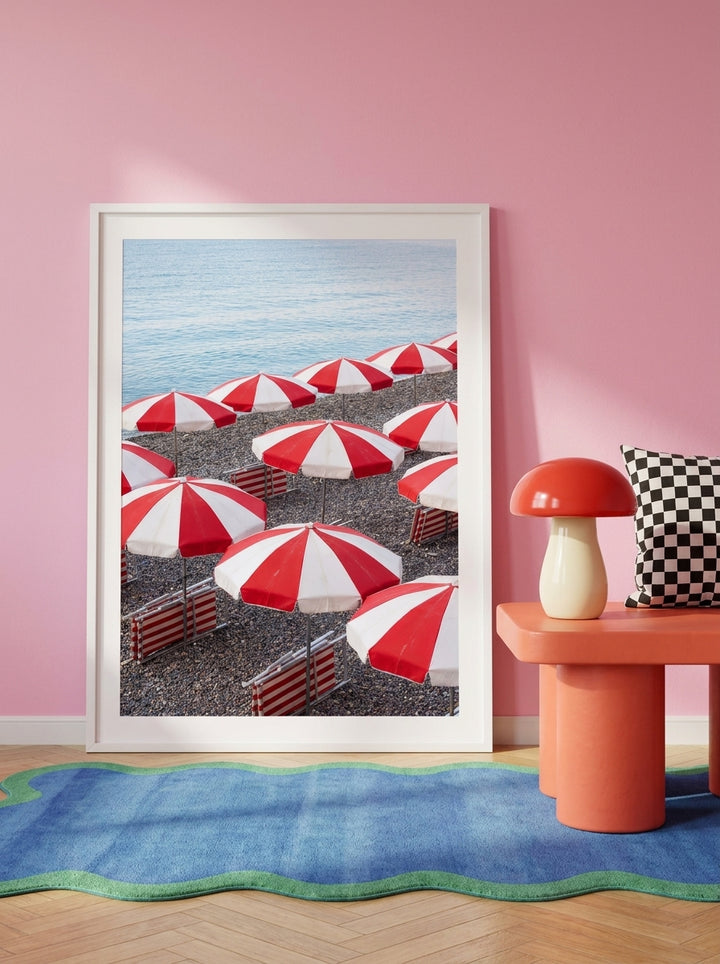 Modern wall art print standing on a side table in a colourful eclectic dining room