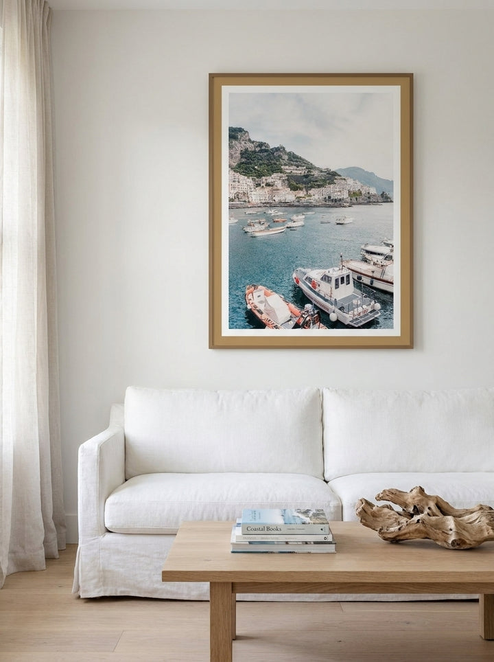 Modern wall art print styled on the wall in a coastal living room