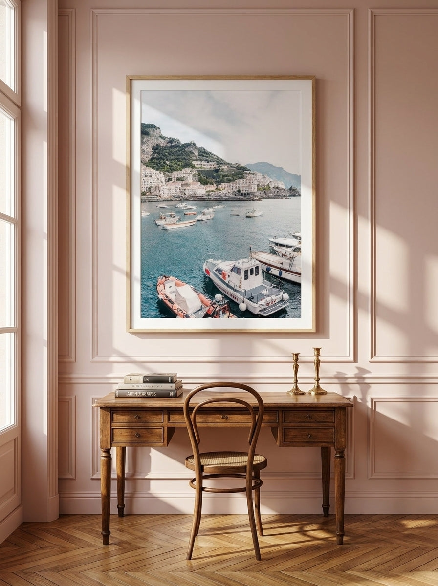 Modern wall art print styled on the wall in a Parisian home office