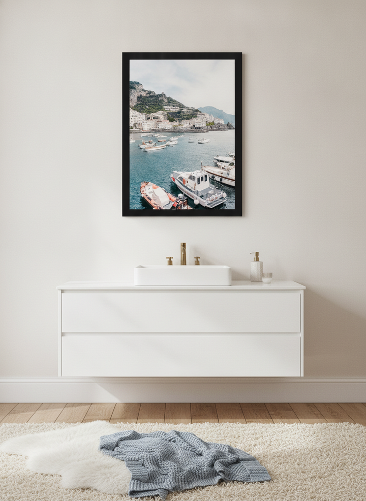 Modern wall art print styled on the wall in a bright Scandinavian bathroom