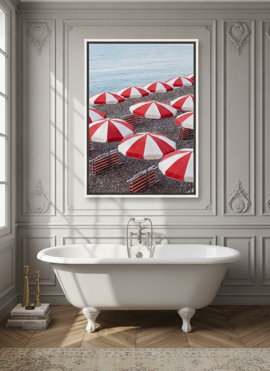 Canvas wall art with a white surround styled on the wall in a Parisian bathroom