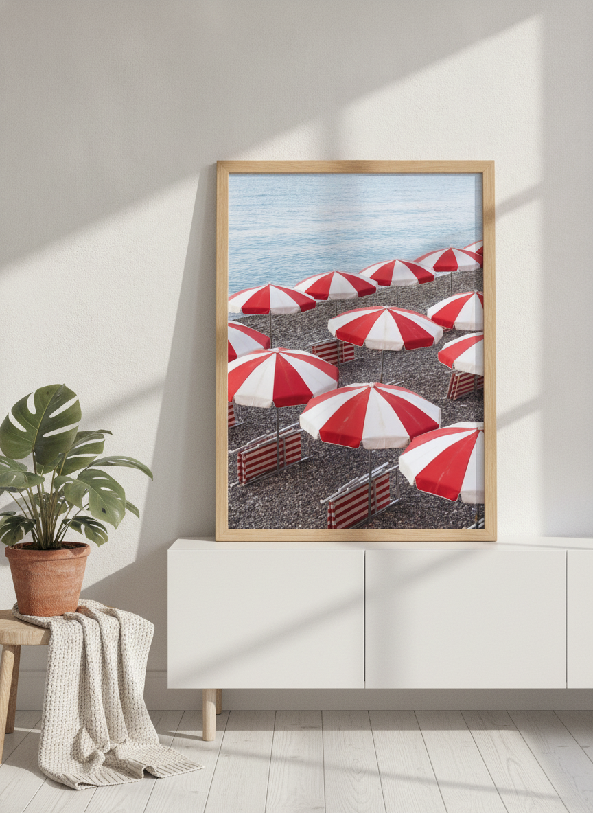 Modern wall art print standing on a sideboard in a bright Scandinavian bathroom