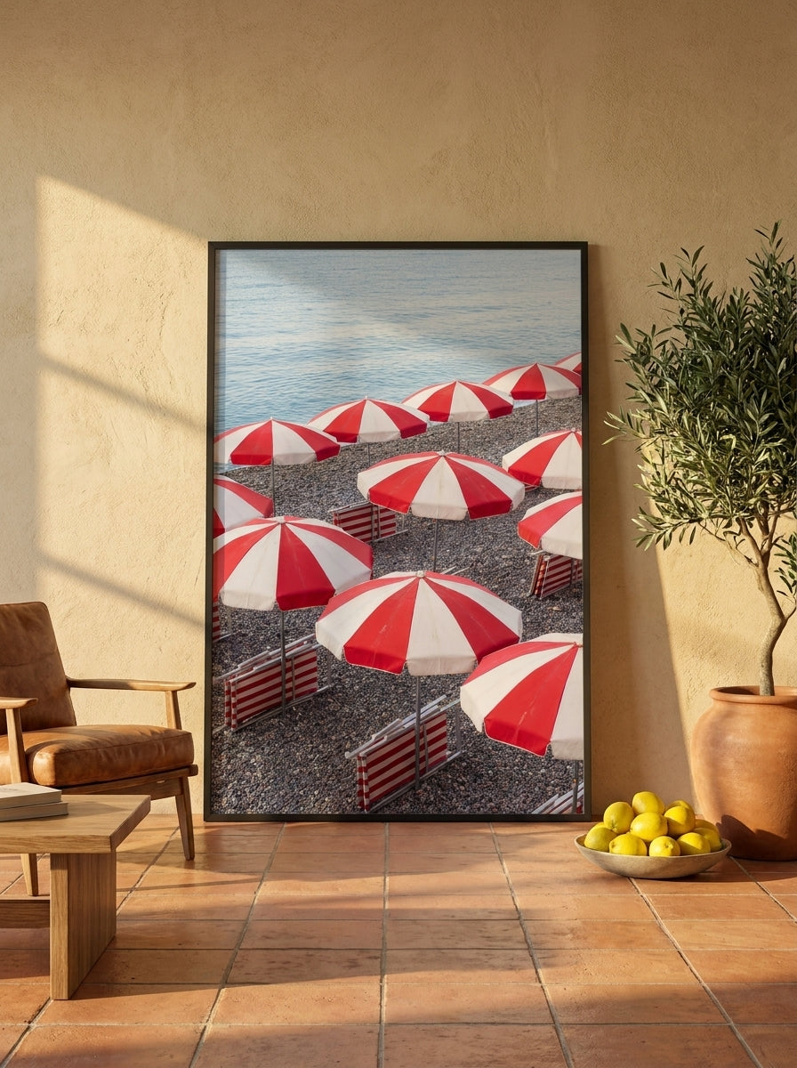 Oversized statement modern wall art print leaning against the wall in a Mediterranean living room