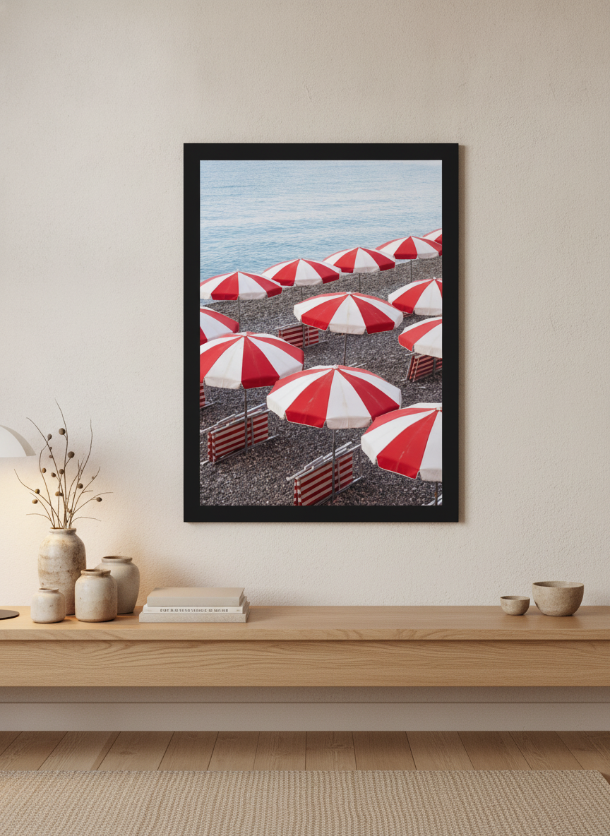 Modern wall art print styled on the wall in a warm Japandi kitchen