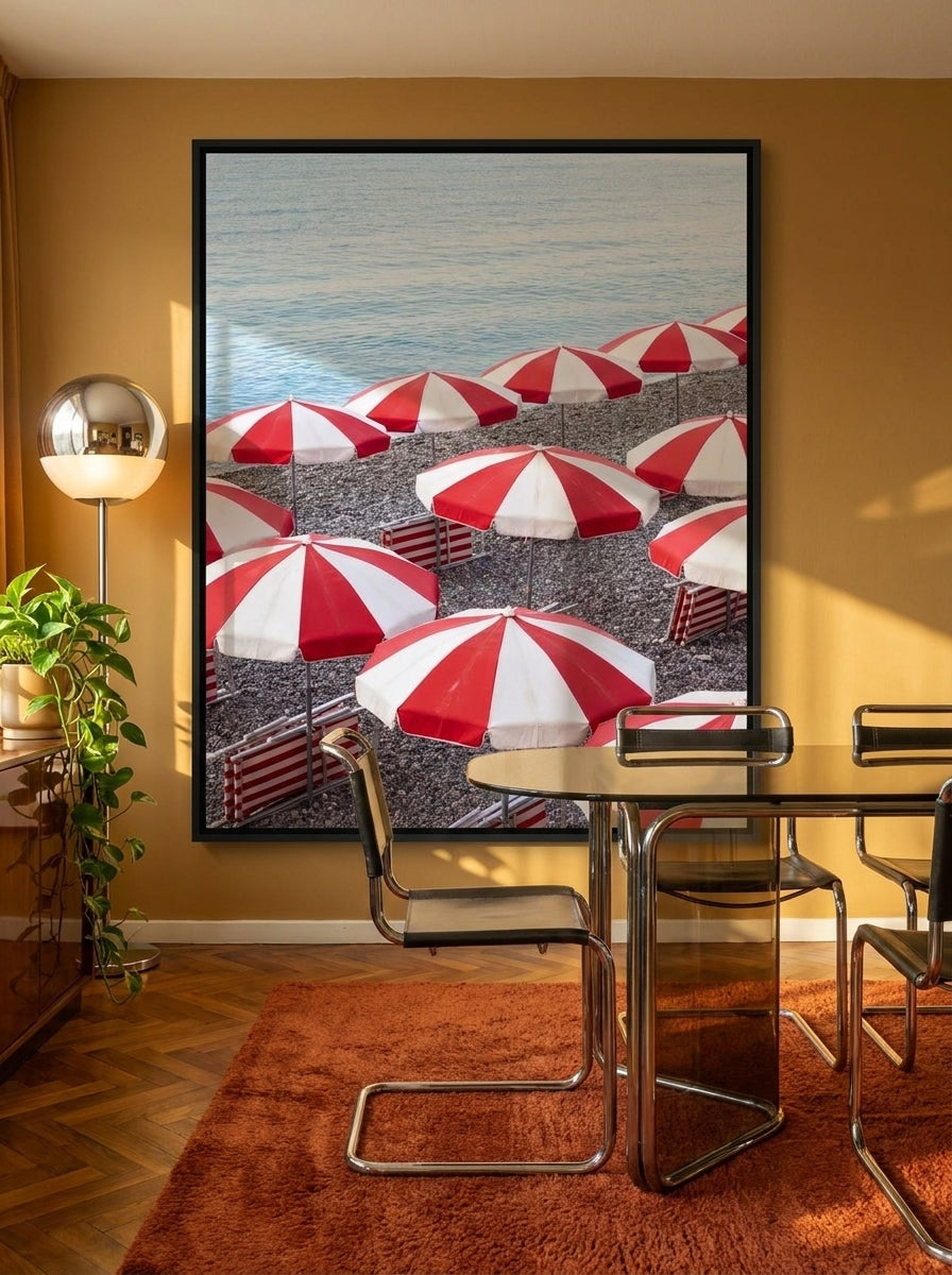 Canvas wall art with a black surround styled on the wall in a retro 70s dining room