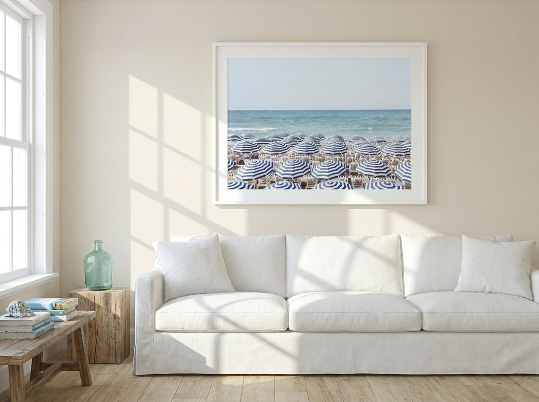 Modern wall art print styled on the wall in a coastal living room