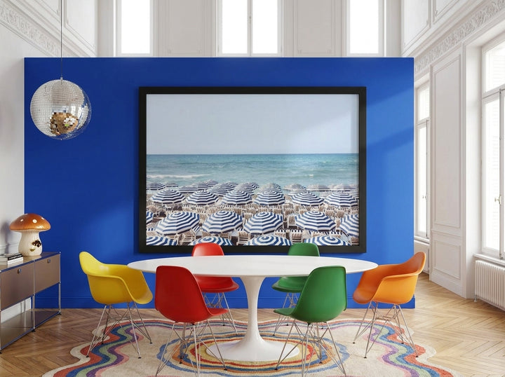 Oversized statement modern wall art print styled on the wall in a colourful eclectic dining room