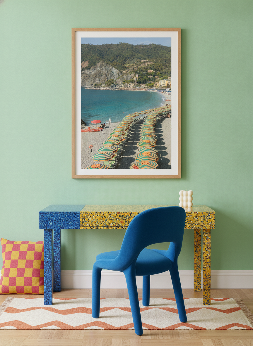 Modern wall art print styled on the wall in a colourful eclectic home office