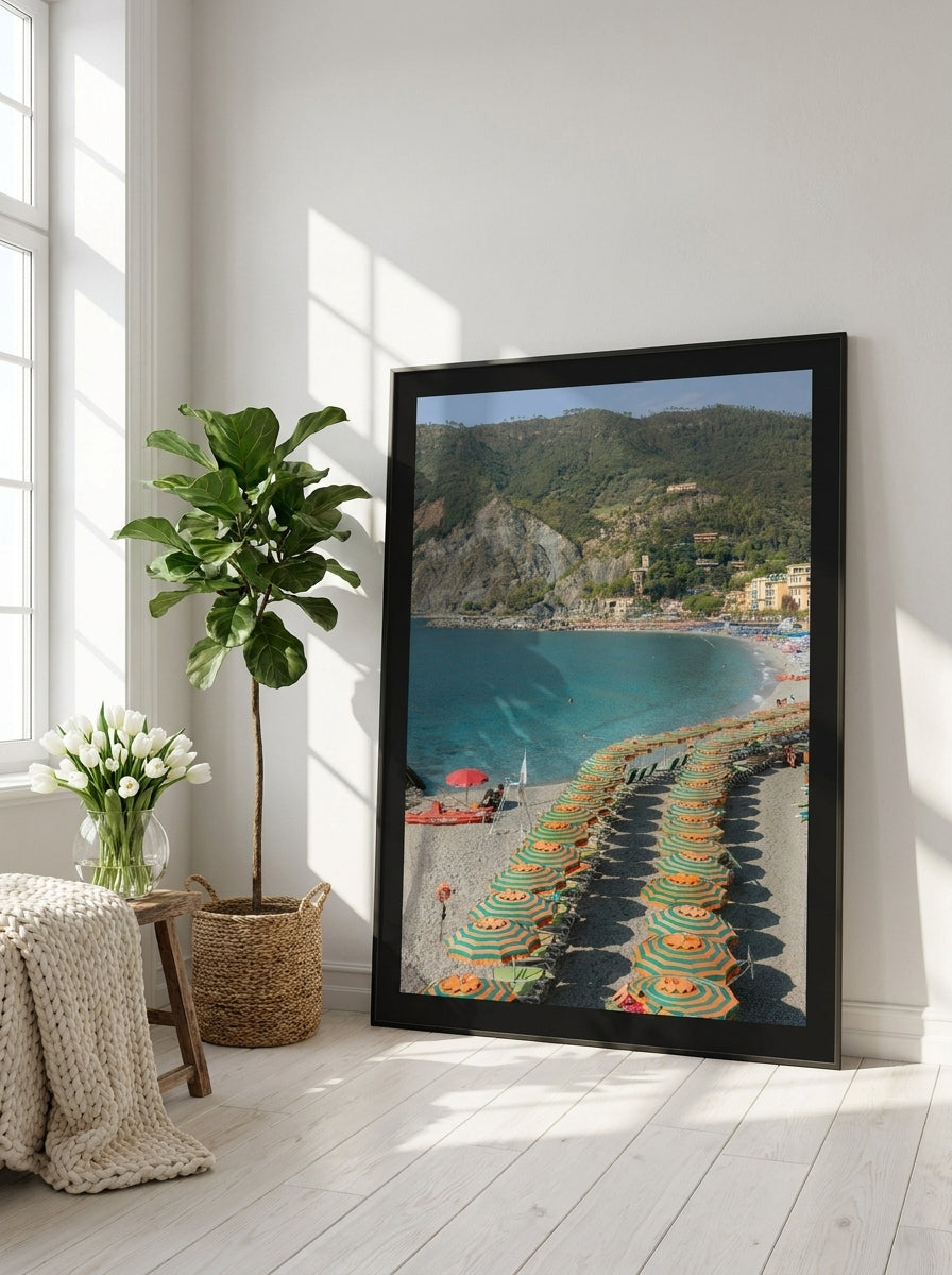 Oversized statement modern wall art print leaning against the wall in a bright Scandinavian living room