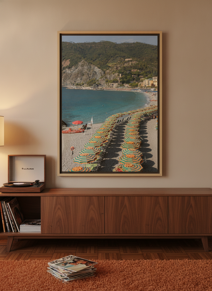 Canvas wall art with a natural timber surround standing on a sideboard in a retro 70s home office
