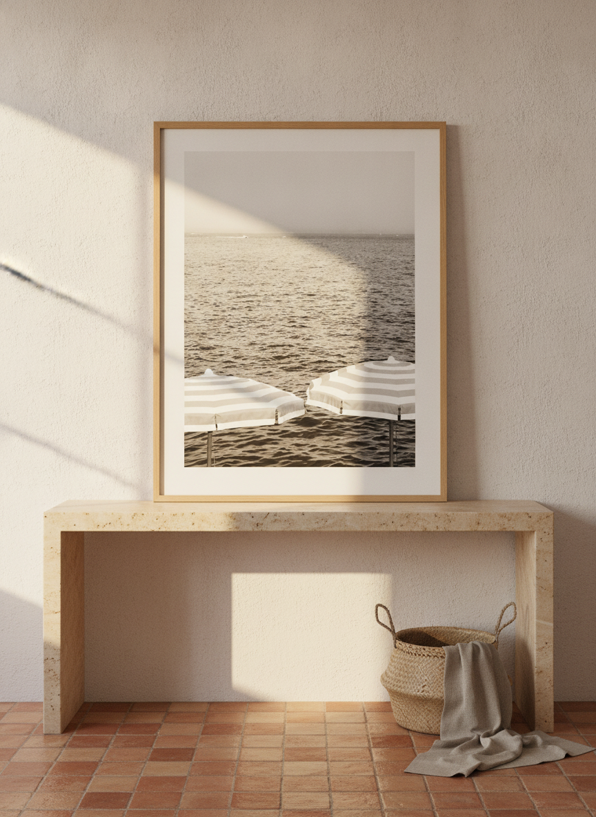 Modern wall art print standing on a console in a Mediterranean bathroom