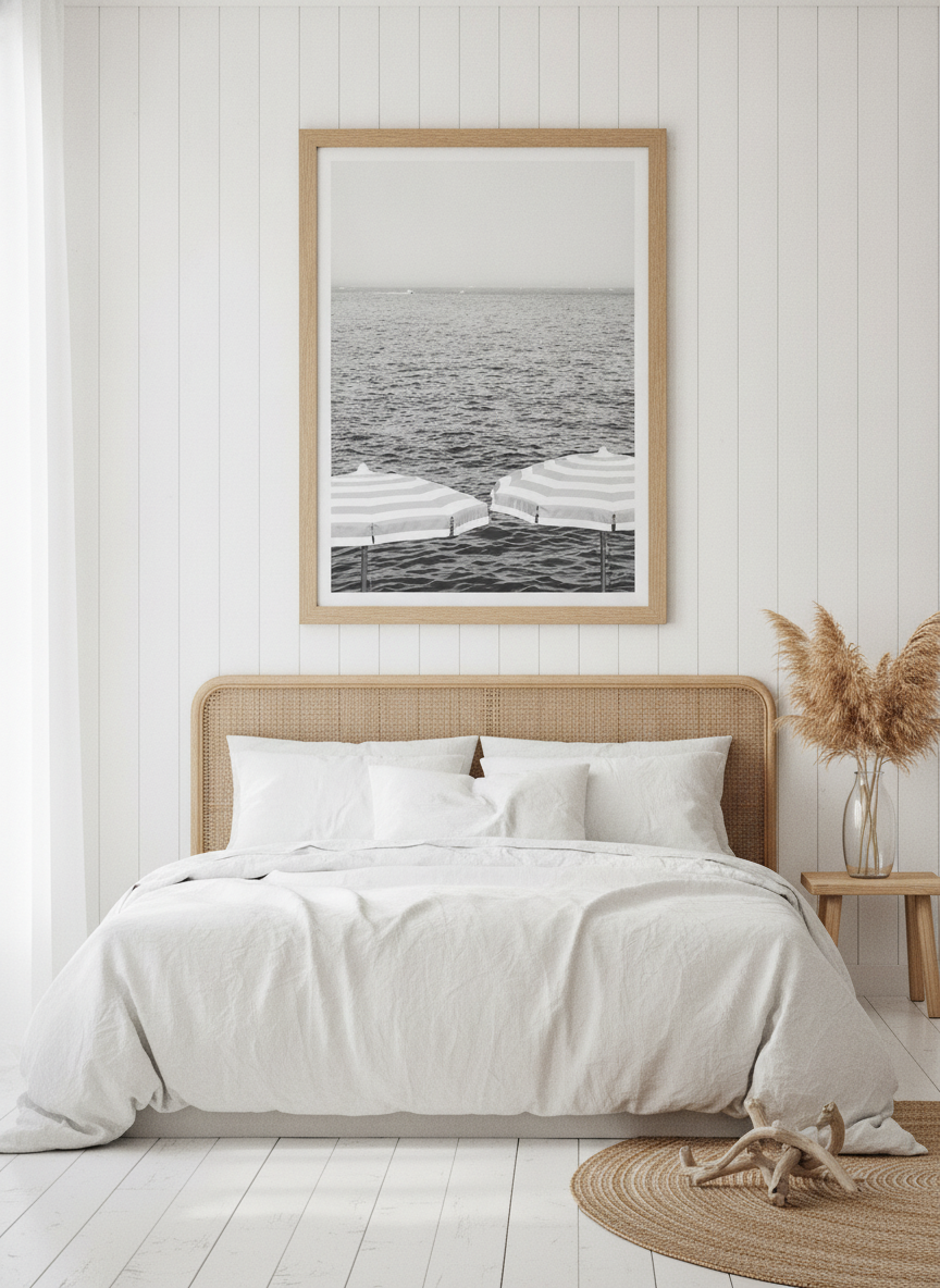 Modern wall art print styled on the wall in a coastal bedroom