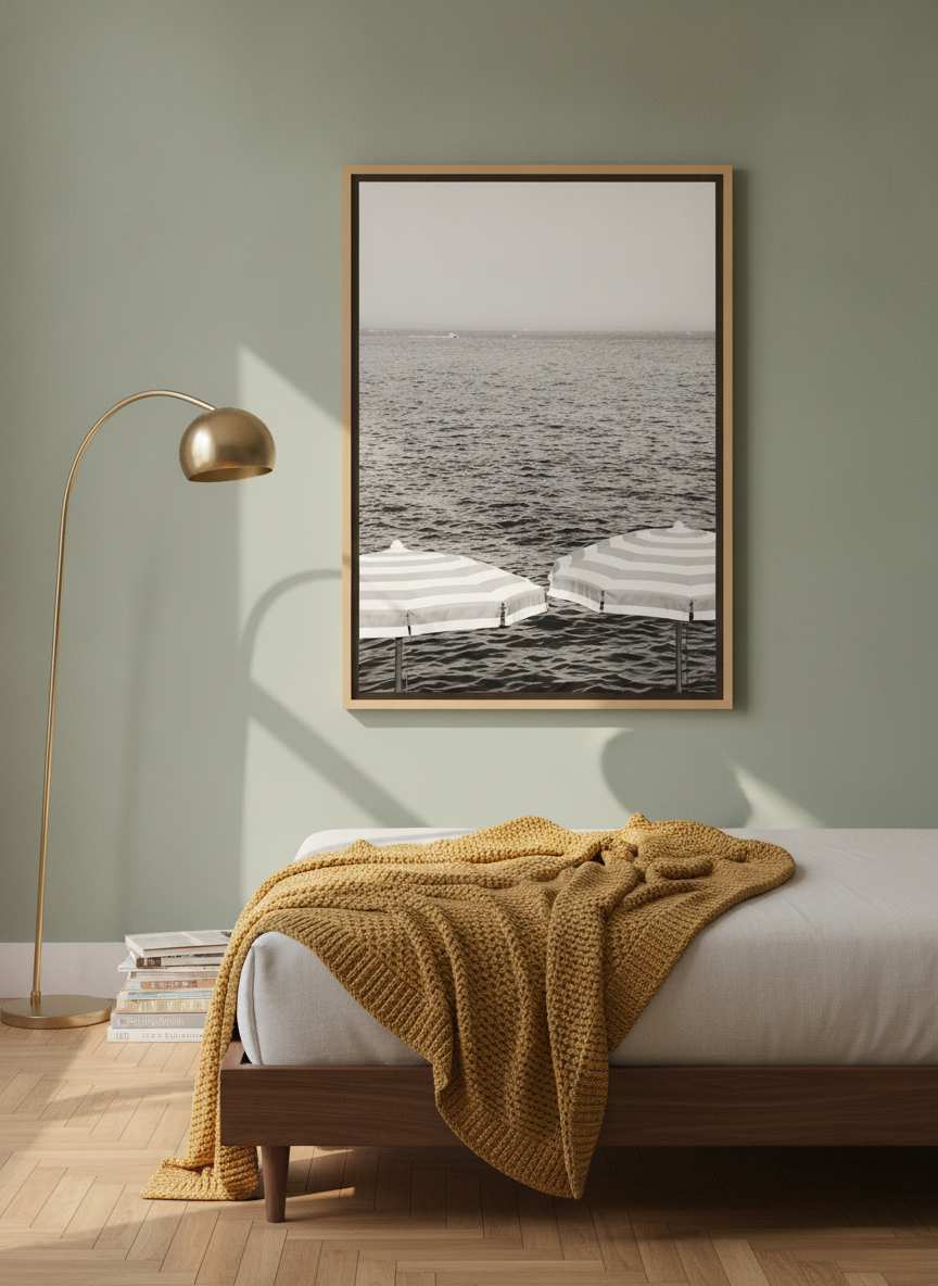 Oversized statement canvas wall art with a natural timber surround styled on the wall in a mid-century bedroom