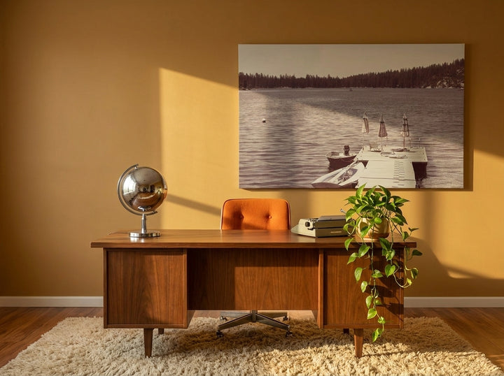 Stretched canvas wall art styled on the wall in a retro 70s home office