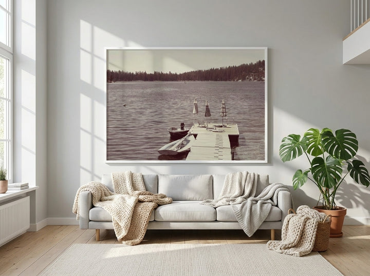 Oversized statement modern wall art print styled on the wall in a bright Scandinavian living room