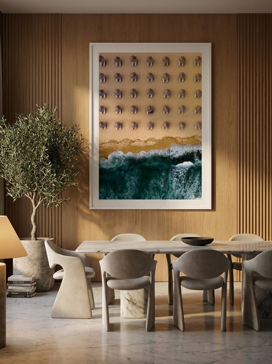 Oversized statement modern wall art print styled on the wall in a luxe dining room