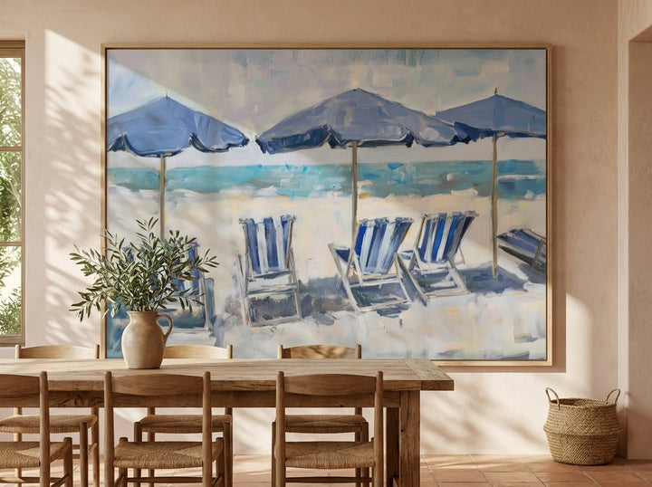 Oversized statement modern wall art print styled on the wall in a Mediterranean dining room