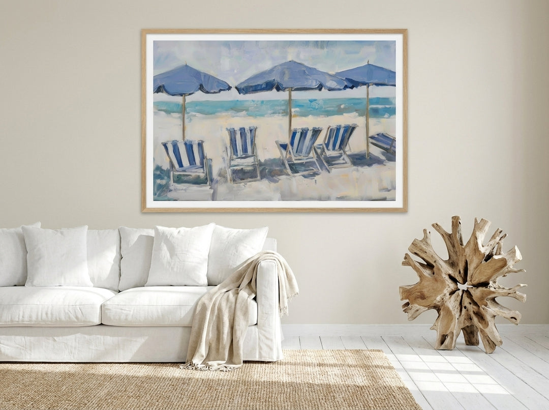 Modern wall art print styled on the wall in a coastal living room