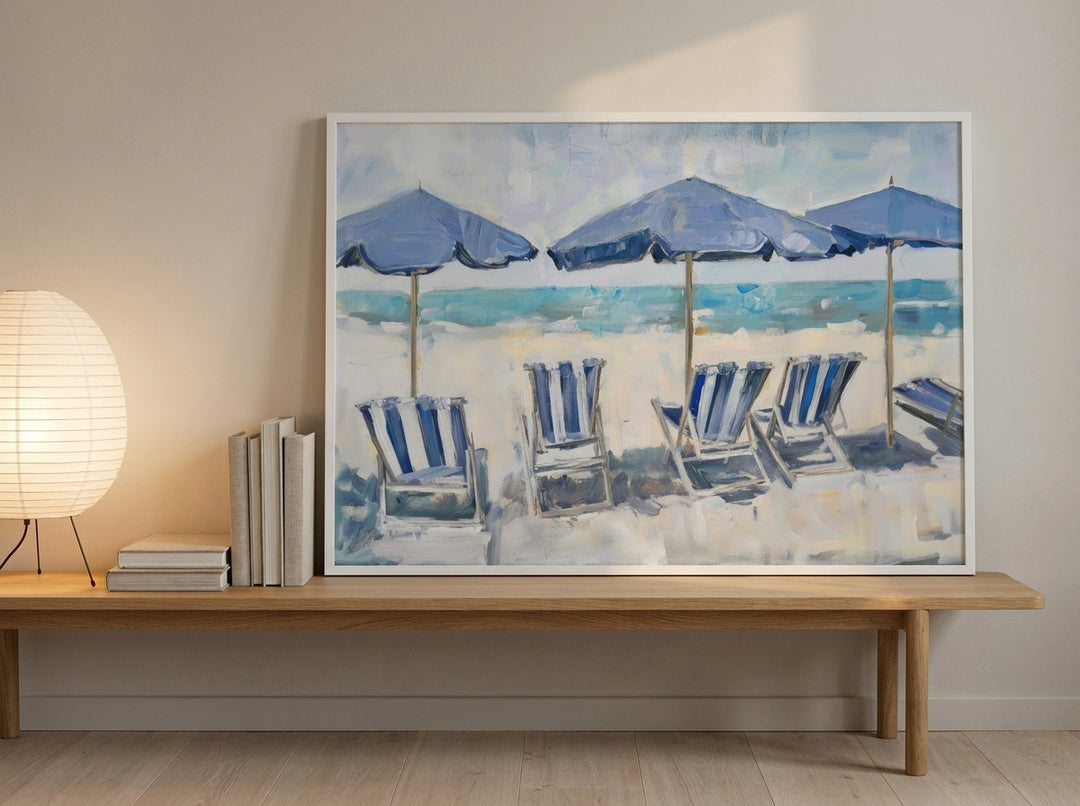 Modern wall art print standing on a bench in a warm Japandi bedroom