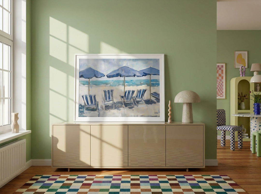 Modern wall art print standing on a sideboard in a colourful eclectic living room