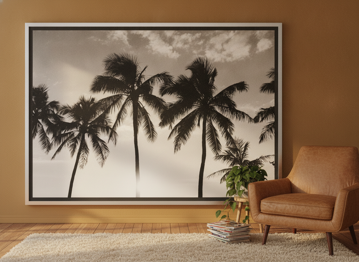 Oversized statement canvas wall art with a silver leaf surround leaning against the wall in a retro 70s living room